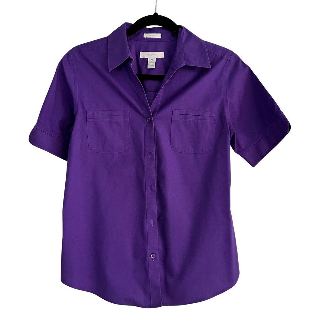 Chico's No-Iron Purple Button Down Short Sleeve Shirt Size 0 (Small) 100% Cotton